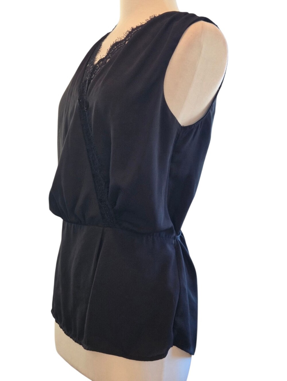 Revamped Women's Black Lace Trim Sleeveless Faux Wrap Top
